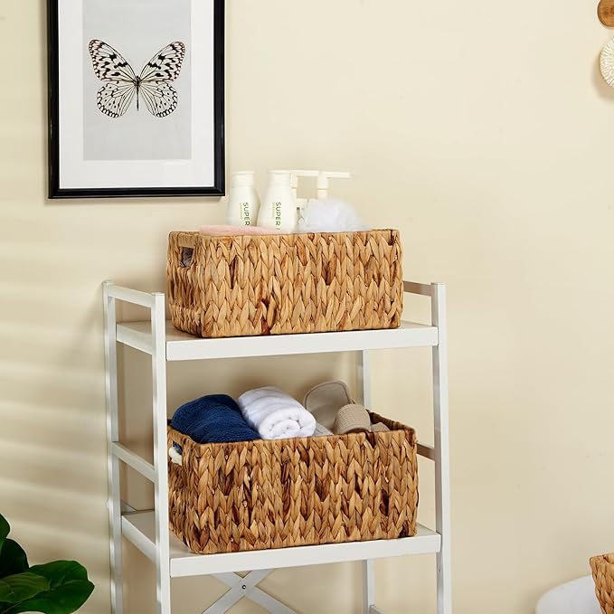 Wicker Baskets 2 Pack, Water Hyacinth Wicker Storage Basket with Handles, Large Rectangular Wickers Baskets for Organizing, Natural
