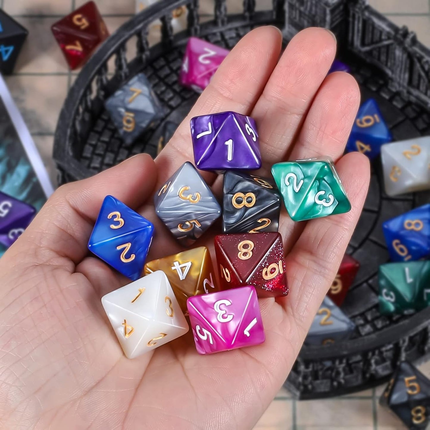 CiaraQ DND Polyhedral Dice (100pcs) with A Dice Bag Compatible with Dungeons and Dragons DND RPG MTG Role Playing Table Games (D8 dice, 10 colors-100 pcs)