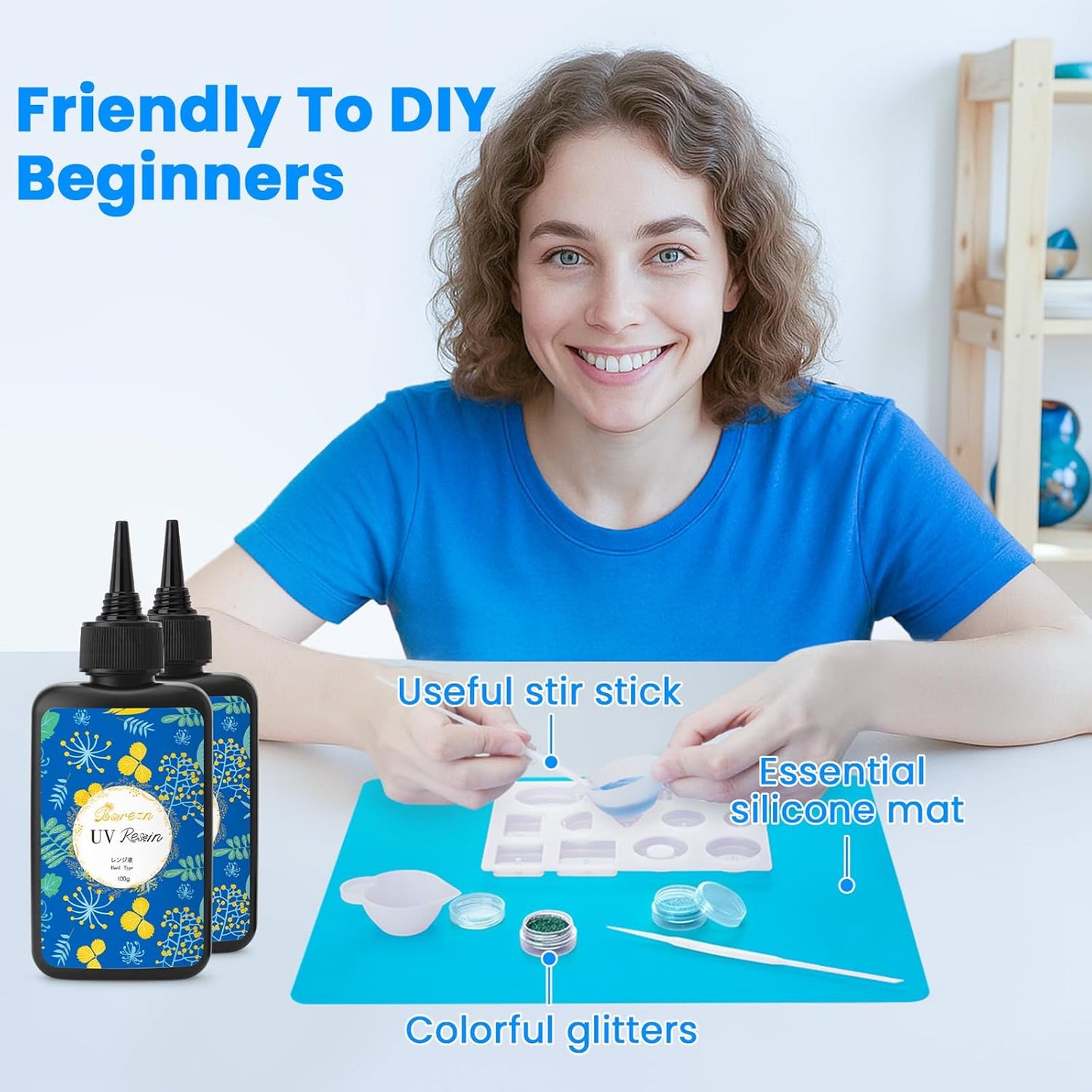 Bsrezn 200g UV Resin Kit with Upgraded Light 18 Beads, Crystal Clear Solar Activated UV Epoxy Resin for Jewelry Making (100g x 2)