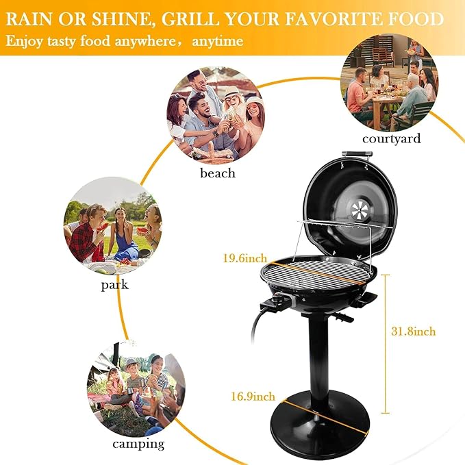 Techwood 1600W Indoor Outdoor Electric Grill, Electric BBQ Grill, Portable Removable Stand Grill, Black