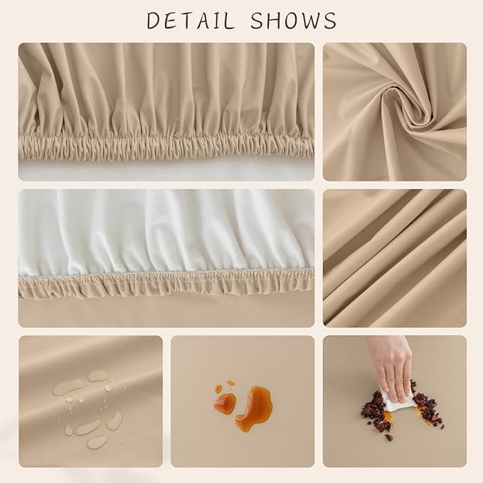 Round Fitted PU Tablecloth with High Elastic Edge 47 Inch Dia Waterproof Oil Proof Table Cloth Anti-Scald Stain-Resistant Wipeable Table Cover for Indoor Outdoor Picnic (Beige,47" Dia)