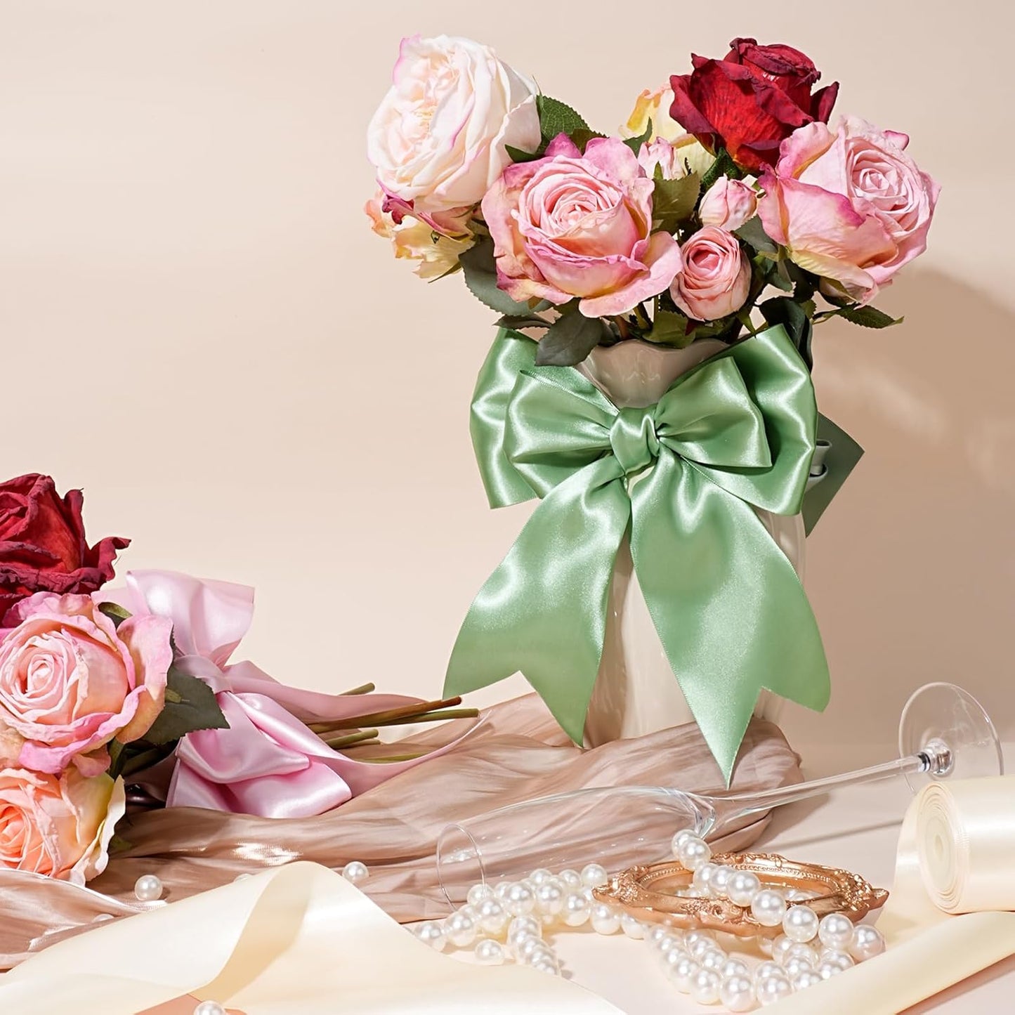 LaRibbons Sage Green Satin Ribbon 4 Inch 10 Yards Double Faced Luxury Light Green Silk Ribbon for Gift Wrapping Flower Bouquets Bow Christmas Wedding Party Decoration