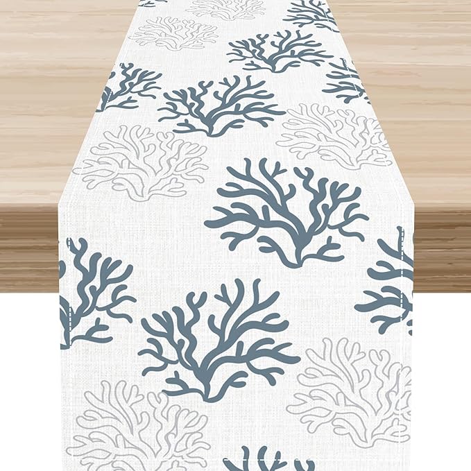 Coastal Table Runner, Summer Seasonal Beach Coral Nautical Tropical Ocean Marine Farmhouse Rustic Coffee Table Center Decor for Home Kitchen Dining Patio Indoor Outdoor Table Decoration, 13"x72" Inch