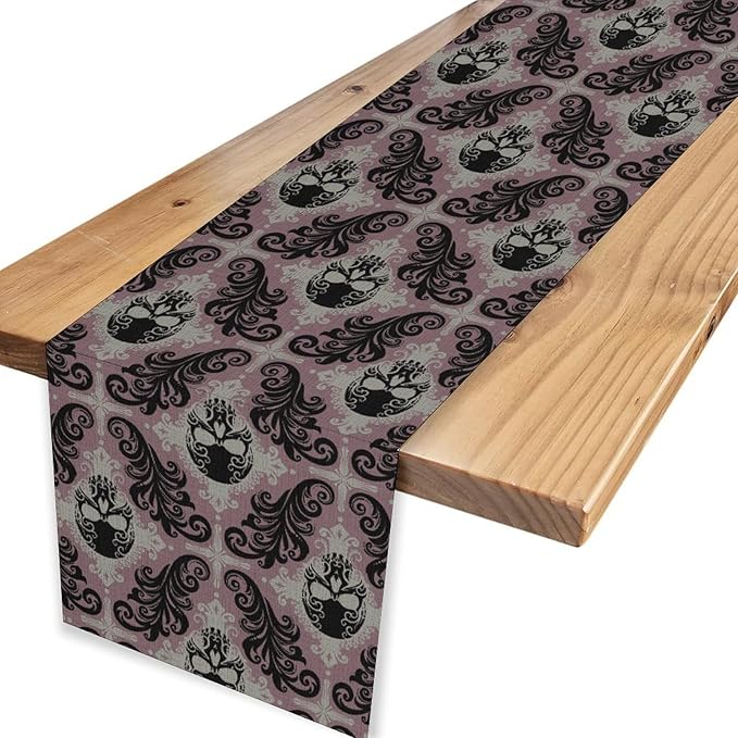 Goth Table Runner, Antique Gothic Damask Skull Baroque Style Floral Halloween Exotic Purple Coffee Vintage Table Center Decor for Kitchen and Dining Outdoor Country Party Table Decorations, 13"x36"