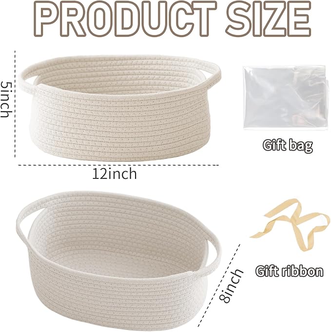 Woven Basket,Small Rope Storage Bin with Handles & Ribbon Bag, Organizer for Shelves Closets,Gift Basket Empty for Birthday,Books,Dog Toys,White/3 Pack