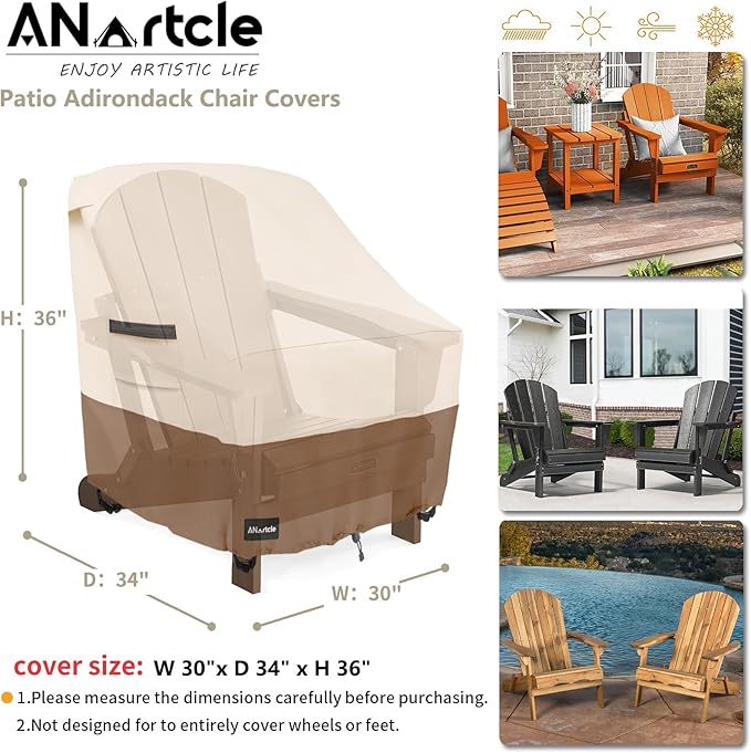 Patio Adirondack Chair Cover 2 Pack,600D Waterproof Heavy Duty Outdoor Chair Covers,Adirondack Chair Covers(30W x 34D x 36H inches),Patio Furniture Covers,Beige&Brown