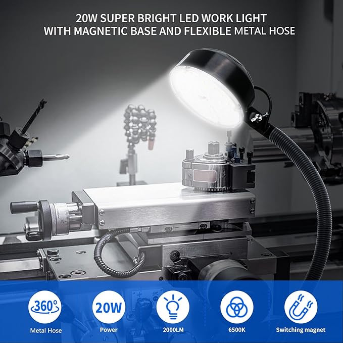 Magnetic Work Light, LED Machine Light, Work Light with Flexible & Magnetic Base, Shop Tool Lamp for Lathe, Work Bench, Sewing Machine, Bandsaw, Industrial Lighting, 2000 Lumens, Black