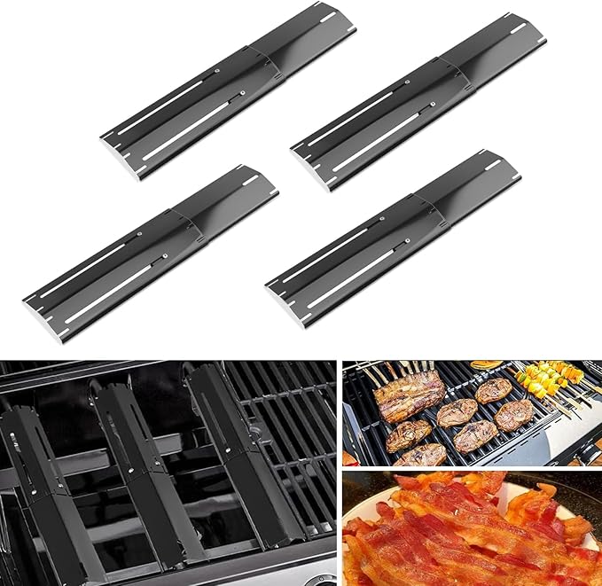 Universal replacement heavy duty adjustable heat plate shield,Burner cover,Flavorizer bar,heat Tent,Flamer tamer for gas grill models,Extends from 11.75"up to 21"L (Porcelain Steel, 4 Pack)