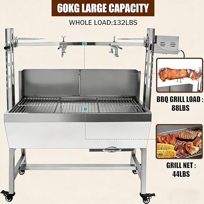 Electric Rotisserie Grill Kit with Windscreen, Large Charcoal Grill with Motor, Stainless Steel Automatic Pork Grill & Outdoor Lamb Goat Roaster, 132 Lbs Capacity for Camping Outdoor