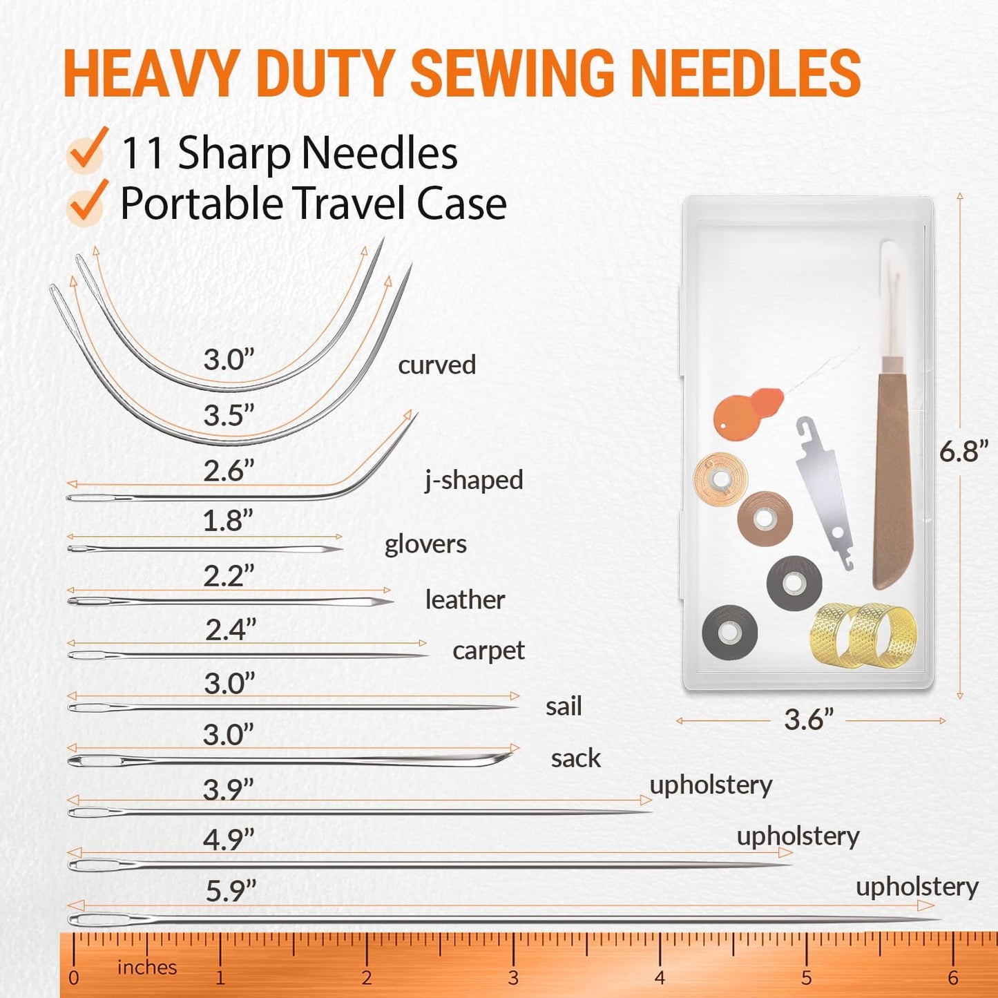 VONEEDL Heavy Duty Sewing Needles (11 PCS) & Waxed Thread (4 Different Brown Colors) - Upholstery Repair Kit for Leather, Canvas, Quilting & More