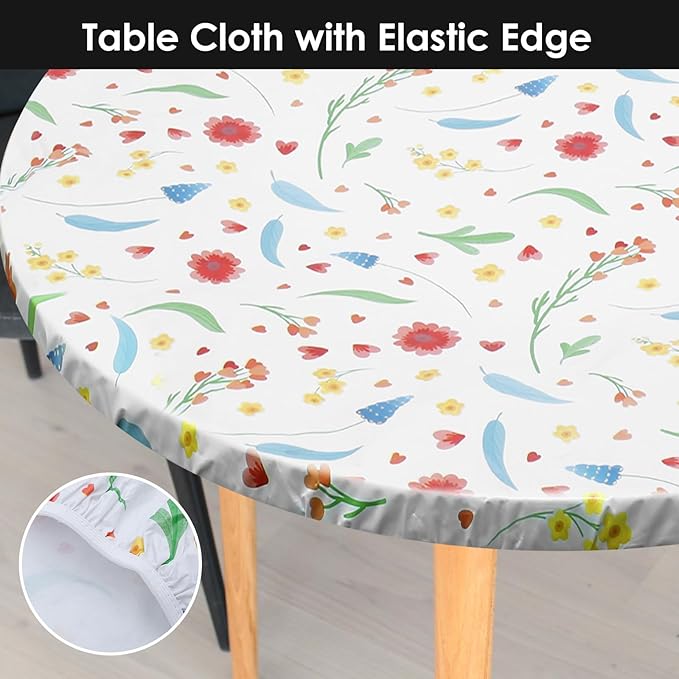 2 Pcs Round Picnic Tablecloth, Waterproof Elastic Fitted Table Covers, Elastic Edge Table Cover Indoor Outdoor Round Fits 43"-55" Round Table Cloth, Oilproof Wipeable Protector for Camping (Flower)