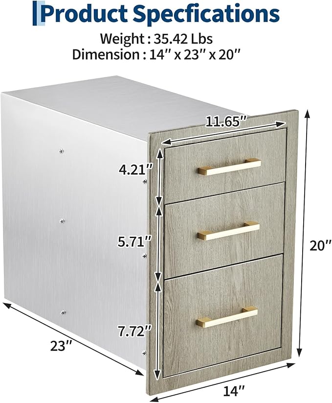 Stainless Steel Outdoor Kitchen Triple Drawers 14" W x 20.3" D x 23" H - Heavy Duty with Handles, Weather-Resistant Flush Mount for BBQ Island, Patio Grill & Outdoor Cooking Space