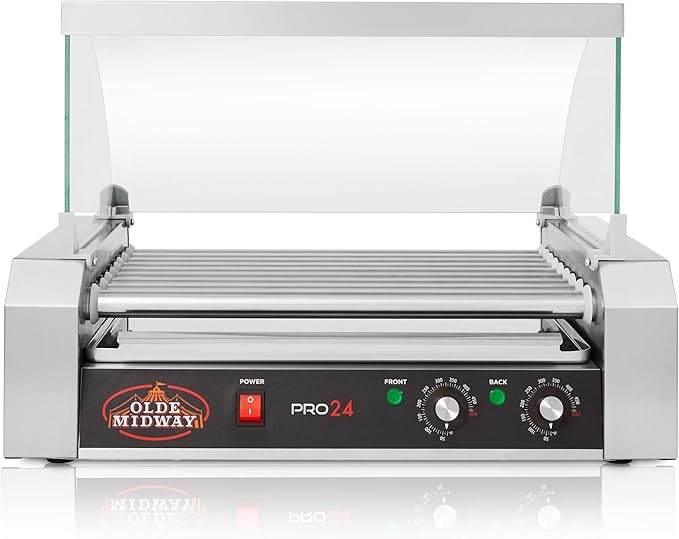 Olde Midway Electric 24 Hot Dog 9 Roller Grill Cooker Machine with Cover 1200-Watt - Commercial Grade