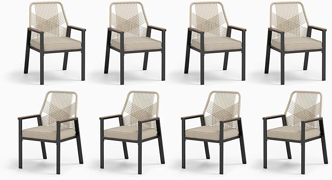 Patio Wicker Chair Sets of 8, Outdoor Dining Chairs with 3.1 inch Seat Cushions, Sturdy Metal Frame & Wood Grain Armrest, Patio Dining Chairs for Porch Backyard, Beige