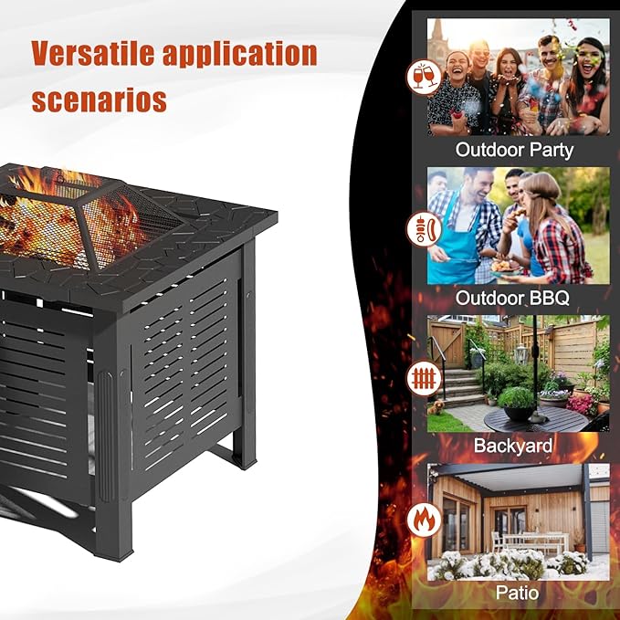 U-MAX Fire Pit Table, 30 Inch Wood Burning BBQ Grill Firepits, Metal Fireplaces with Waterproof Cover, 3 in 1 Fire Pits for Outside Party Barbecue Camping Picnic on Deck Backyard Garden, Black