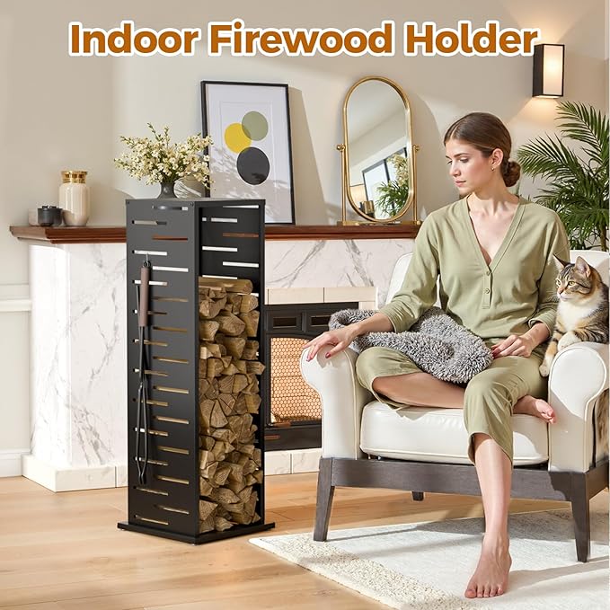 4ft Firewood Rack Outdoor, Fire Wood Rack Log Holder with Louver Pattern Hooks Adjustable Feet, Firewood Storage for Indoor Fireplace Patio Balcony Black