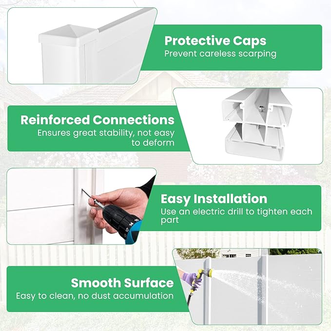 Giantex Outdoor Privacy Screen 4 Panels, 48''W x 48''H Decorative Air Conditioner Fence Trash Can Enclosure with 3 Stakes, Easy Assembly, PVC Vinyl Picket Fences for Garden Patio Lawn, White