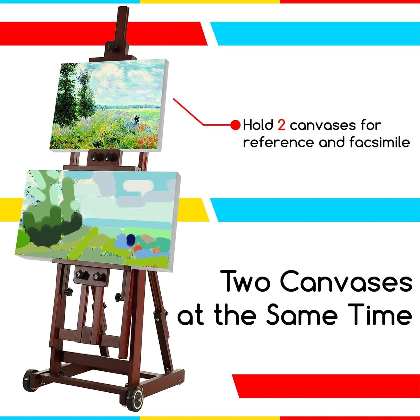 MEEDEN Multi-Function Studio Easel,H-Frame Easel,Painting Easel for Adults,Artist Easel,Floor Easel,Solid Beech Wooden Easels w/Front Wheels,Holds Canvas Art up to 77" - Walnut