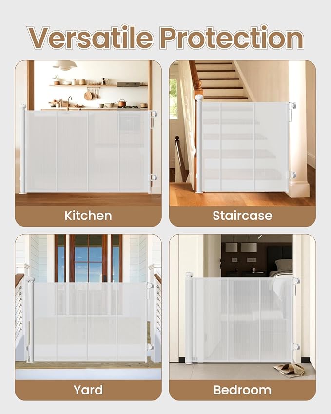 Upgraded Retractable Baby Gate - 71" Wide 34" Tall Mesh Child Safety Gate with High-Density Reinforced Rods, Easy One-Hand Operation Retractable Dog Gate, Fits Baseboards, White