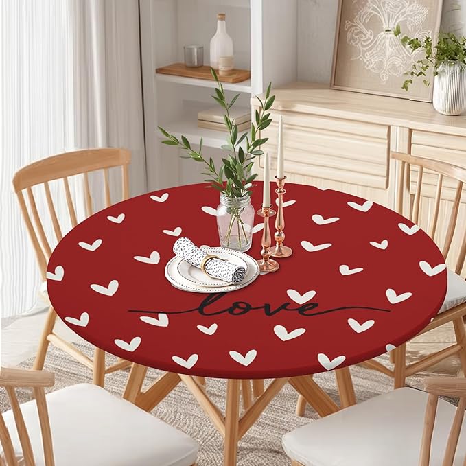 Valentines Day Round Fitted Tablecloth with Elastic Red White Love Heart Circle Table Cloth for 40-44" Round Tables Stretch Waterproof Washable Valentine Table Cover for Picnic Dining Party Decor