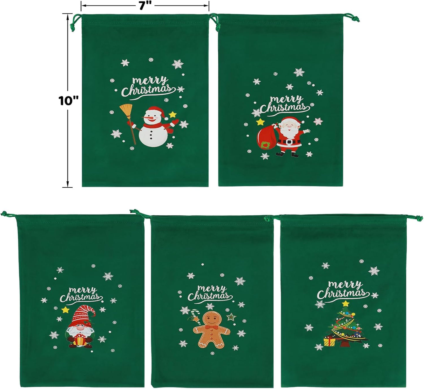 Tapleap Coth Christmas Bags with Drawstring - 50Pcs 7x10 Green Velvet for Small Bussiness Wrapping Christmas Party Favors or Gifts for Friends, Coworkers