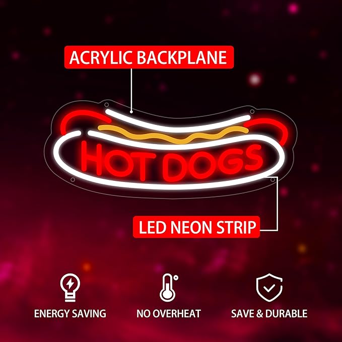 Hotdog Neon Sign for Wall Decor, Hotdog Led Signs, Dimmable USB Powered Neon Light Sign for Fast Food Shops, Home, Business, Bar Pub, Store