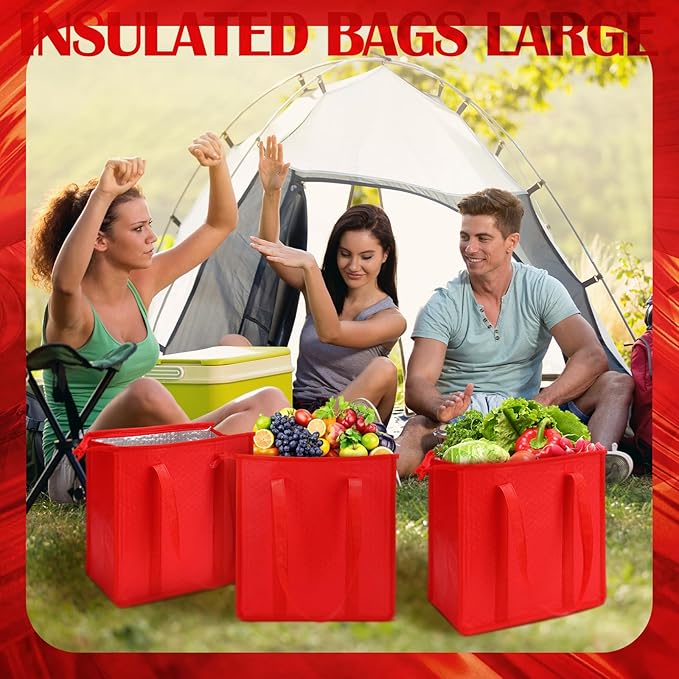 10 Pack Large Insulated Grocery Bags Reusable Shopping Bags with Zippered Top 13 x 12 x 7 Inch Thermal Cooler Totes Bulk with Handles for Hot Cold Food Delivery Refrigerator(Red)
