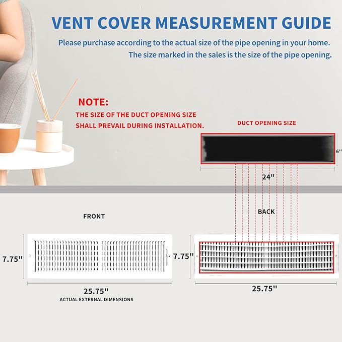 24x6 Vent Register [Duct Opening], Vent Covers for Home Ceiling, Two-Way Ventilation Register, Adjustable Solid Steel Wall Register Vent Cover (24"W x6"H [Duct Opening])