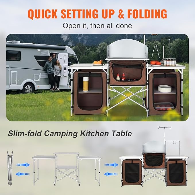 VEVOR Camping Kitchen Table, Folding Outdoor Cooking Table with Storage Carrying Bag, Aluminum Cook Station 3 Cupboard & Detachable Windscreen, Quick Set-up for Picnics, BBQ, RV Traveling, Brown