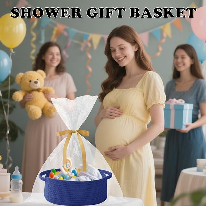 Gift Basket with Gift Bag and Ribbons,Small Rope Woven Shelf Storage,Baskets for Gifts Empty,Birthday,Baby Shower,Decorative Organizer Box with Handles(Royal Blue)
