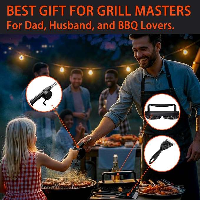 3Pcs Grill Brush for Outdoor Grill Set, Heavy Duty Stainless Steel Grill Scraper & Scrubber, Hand Crank Fan for Cast Iron and Stainless Steel Grates, Outdoor Camping BBQ Cleaning Accessories