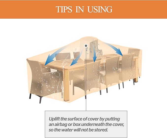 WJ-X3 Dining Set Cover 86W x 47D x 31H Inch, Heavy Duty Patio Table Cover, Outdoor Furniture Cover Waterproof, Rectangle Table and Chairs Set Covers High Wind Resistant, Anti-Fading, Beige