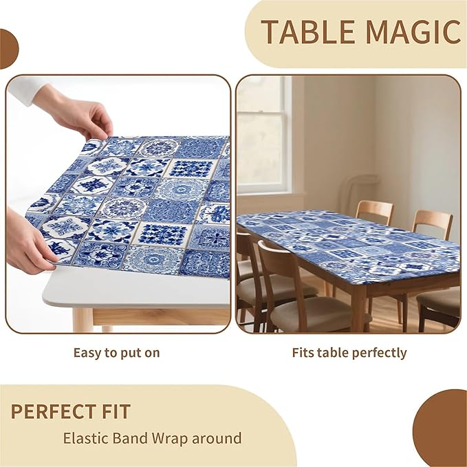 Rectangle Table Cloth Cover Waterproof Elastic Fitted Polyester Fitted Tablecloths for 6 Foot Tables for Indoor,Picnic, Camping, Outdoor （72" x 30"，Bohemia）