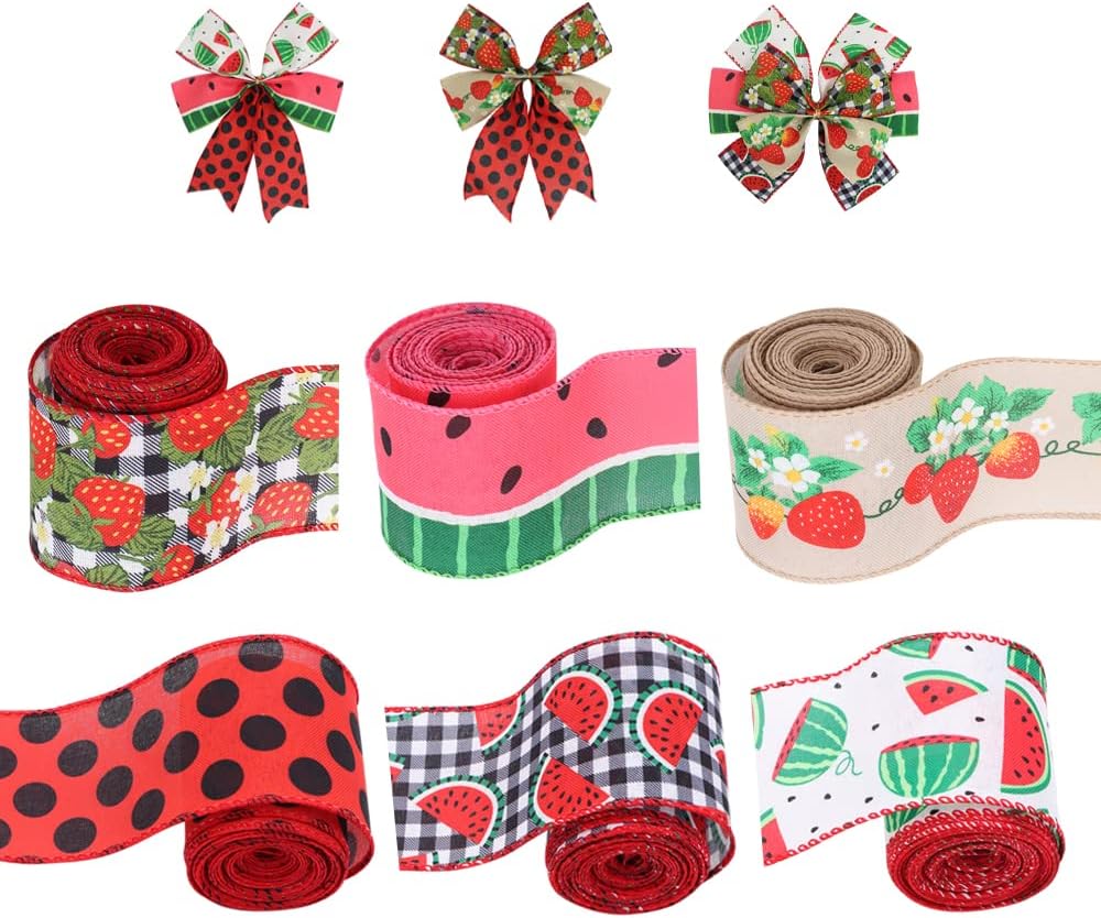 2.5" Watermelon and Strawberry Ribbon,Summer Craft Wire Edged Ribbon,Checks,Polka Dots,Watermelon Slices,Strawberries and Flowers Faux Linen Ribbons for Floral Arrangements, Packages and Home Decor.