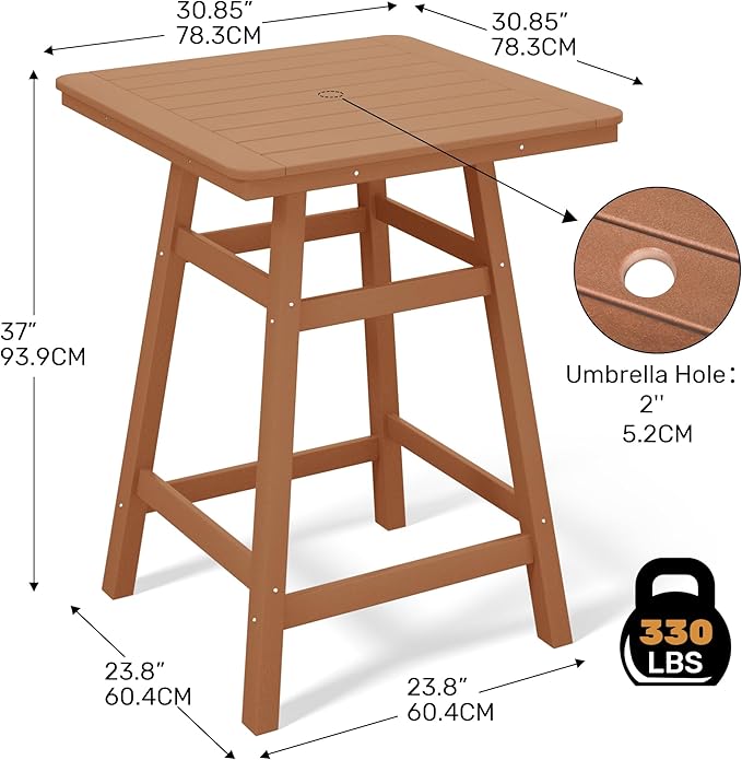 Costaelm Outdoor Bar Table, 37" Counter Height Square Patio Cocktail Bar Table with Umbrella Hole, Patio Bistro Dining Pub Table for Front Porch Deck Backyard Garden, Teak
