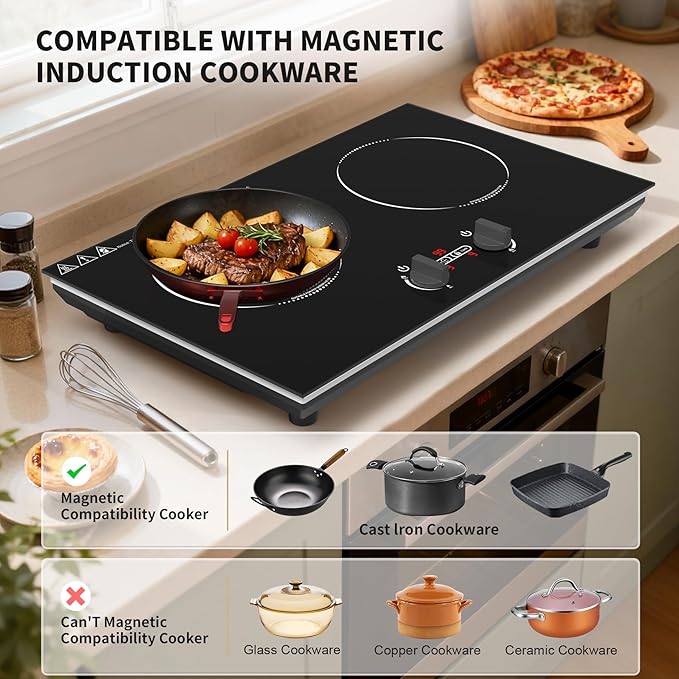 VBGK Induction Cooktop,110V 4000W Countertop burners with Knob Control,9 Power Levels, Kids Lock & Timer,LED touch control,Overheat Protection Electric stove,2 burner induction cooktop