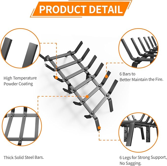 Heavy Duty 24Inch Fireplace Grate, Solid Steel Log Rack for Wood Burning, Extra Wide Firewood Grates for Indoor Fireplace & Outdoor Fire Pit, Wood Stove Grate