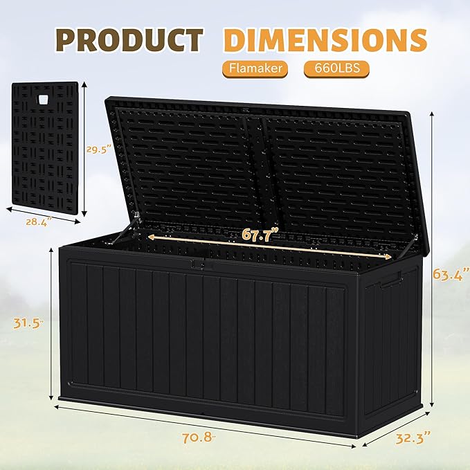 Flamaker Resin Deck Box 270 Gallon, Waterproof Imitation-Wood Lockable Storage Box with Separator Plate Outdoor Indoor, Garden, Patio Furniture for Tools&Pool Accessories (Black)