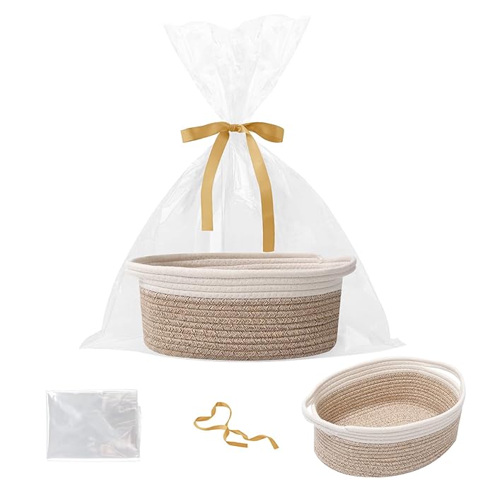 Gift Basket with Gift Bag and Ribbons,Small Rope Woven Shelf Storage,Baskets for Gifts Empty,Birthday,Baby Shower,Decorative Organizer Box with Handles(White&Mixed Brown)