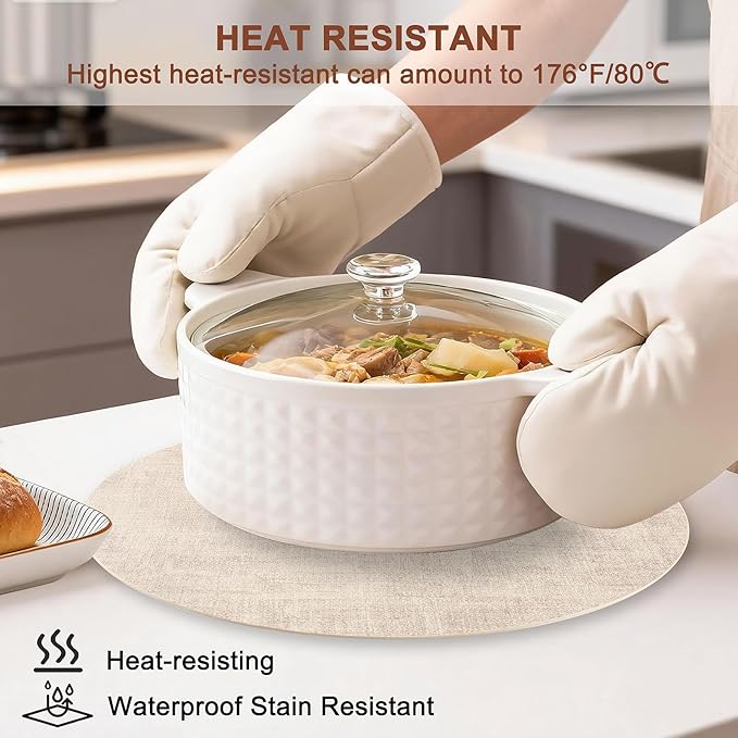 Round Faux Leather Placemats and Coasters, Set of 6, Reversible Heat Resistant Non-Slip Table Mats, Waterproof Wipeable Place Mats for Dining Table, Washable for Indoor & Outdoor (6, Beige)