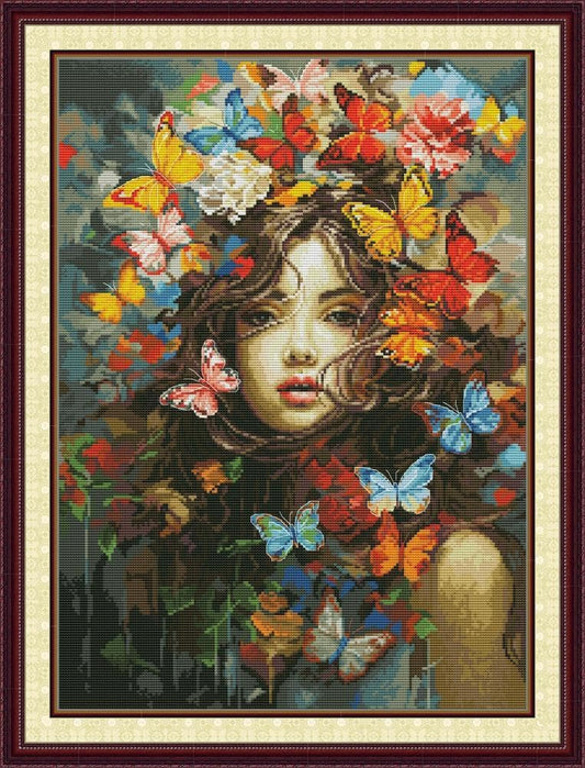 Threadhaven Cross-Stitch Kit 14CT Aida Counted Embroidery Complete Set with Fabric, Threads, Needles & Chart-Premium Beautiful Girls Design for Adults & Beginners- Butterfly Beauty 16.1''×20.8''