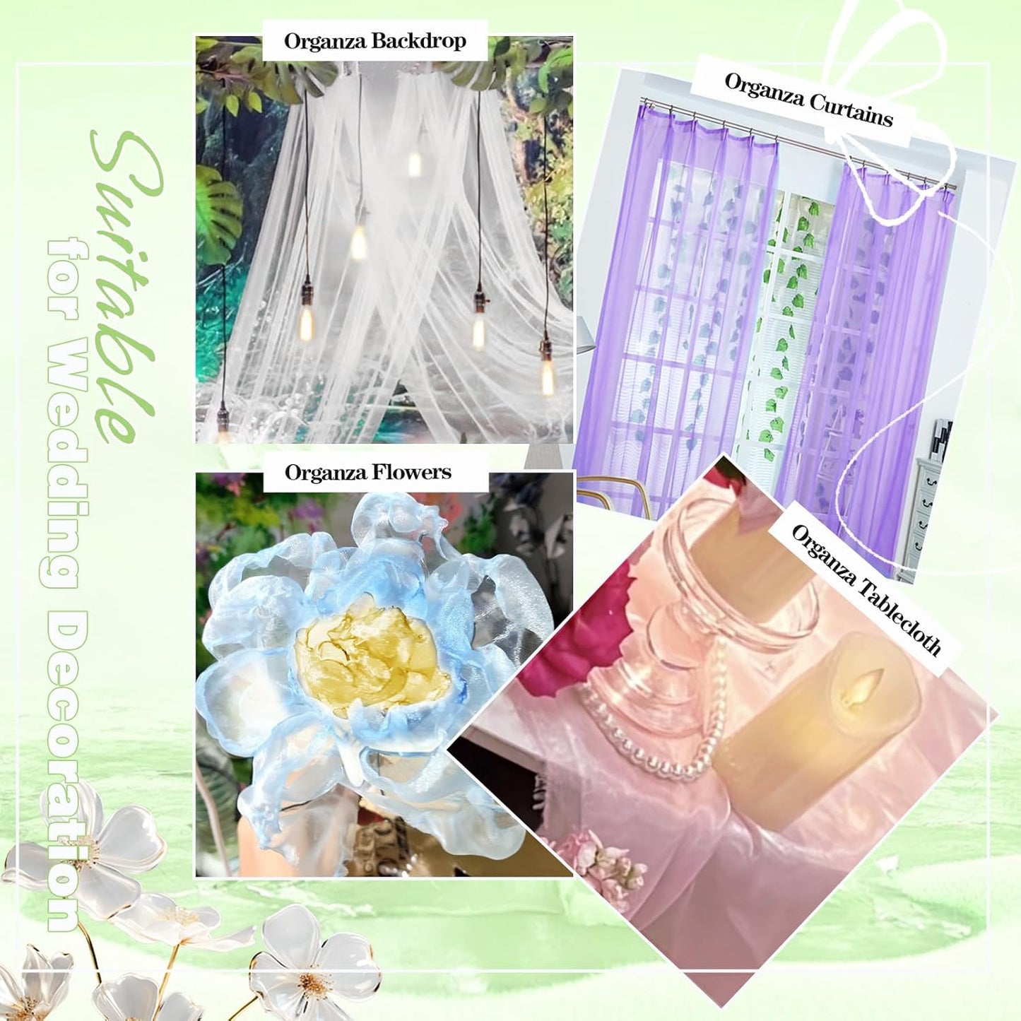 VACVELT Sheer Organza Fabric by The Yard, 60 Inch Wide White Organza Fabric Bolt Bridal Sheer Tulle Fabric, Silk Organza Fabric Roll for Wedding Party Decorations Backdrop Curtain (1 Yard)