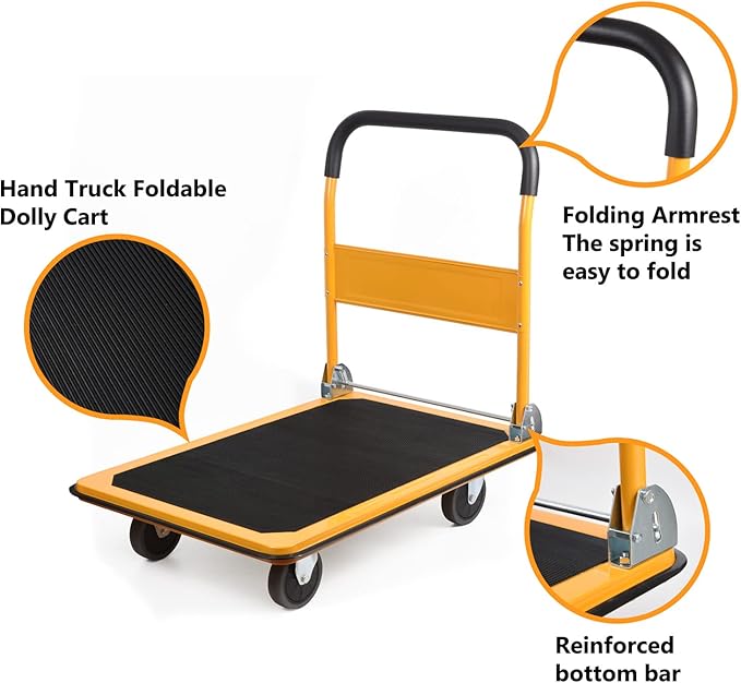 LEADALLWAY Platform Truck Large Size 880lbs Foldable Push Cart 35.8x24x34.3inches Yellow with 2 Ropes