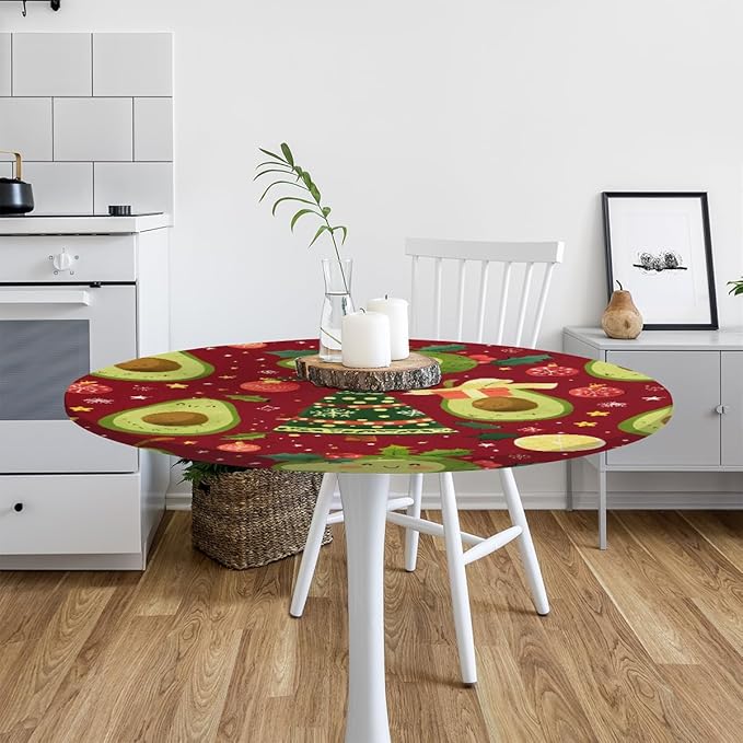 Christmas Tree Avocado Green Round Table Cloth Cover, Elastic Edge Waterproof Wipeable Tablecloths 45"-56" Polyester Tablecloth for Party Restaurant Banquet Holiday Camping Outdoor Picnic