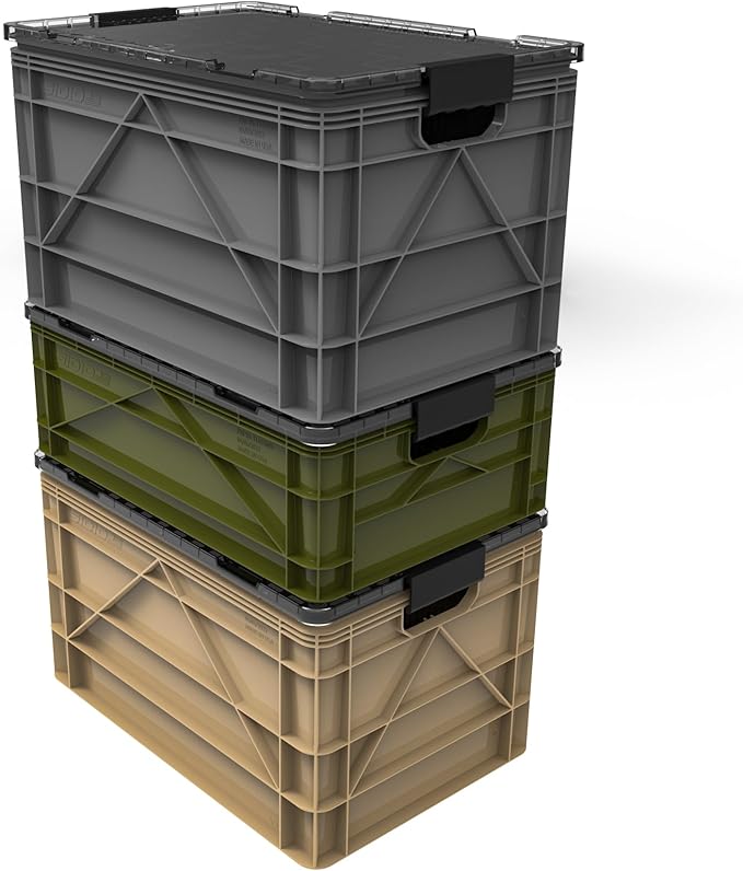 SIDIO CRATE Pro Pack - Two Full Size and One Half Size Heavy Duty Stackable Storage Bins, Totes and Containers with Lids and Dividers - Durable Organizer for Home, Office, Garage, and Outdoor Use