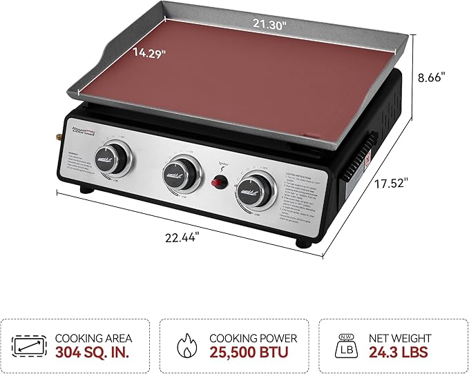 Royal Gourmet PD1301S Portable 3-Burner Tabletop Gas Griddle, 25,500 BTU Cooking Power, 304 Sq. In. Cooking Surface, Ideal for Camping & Tailgating, Black & Silver
