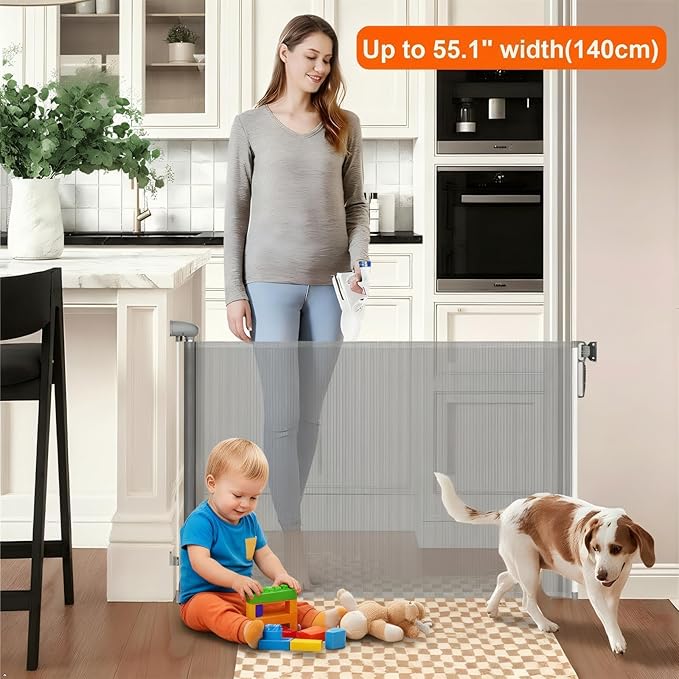 Retractable Safety gate,Child/pet/Dog/cat Temporary Door, Baby Safety Temporary Door, mesh Soft Material, Expands to 55.1" Wide, Suitable for Stairs/corridors/Indoor/Outdoor(Grey,33.5"x55.1")