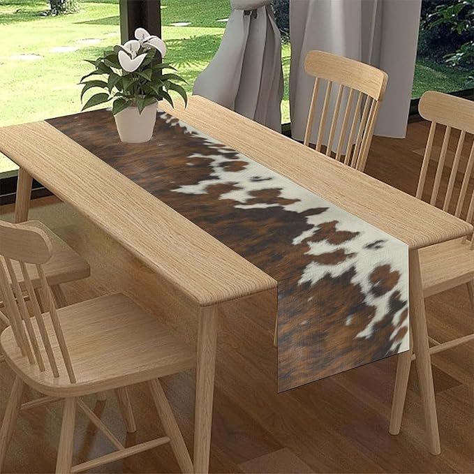 Cow Print Table Runner, Brown Cowhide Print Western Style Table Runner Country Farmhouse Cottage Cow Pattern Linen Table Decoration for Home Kitchen Dining 13x36