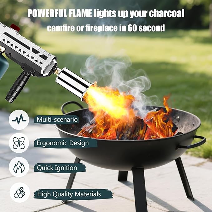 Propane Torch Gun, Powerful Cooking Grill Torch Gun, Adjustable Flamethrower Multi Use Blow Torch for BBQ, Campfire, Charcoal Wood Grills Lighter(Tank Not Included)