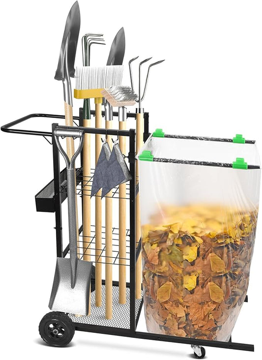 CAROD Mobile Trash Bag Holder and Tools Organizer Cart 2-in-1, Metal Cleaning Carts on 360° Wheels, Convenient Leaf Bag Holder Cleaning Cart for Leaves, Snow, Indoor-to-Outdoor Maintenance